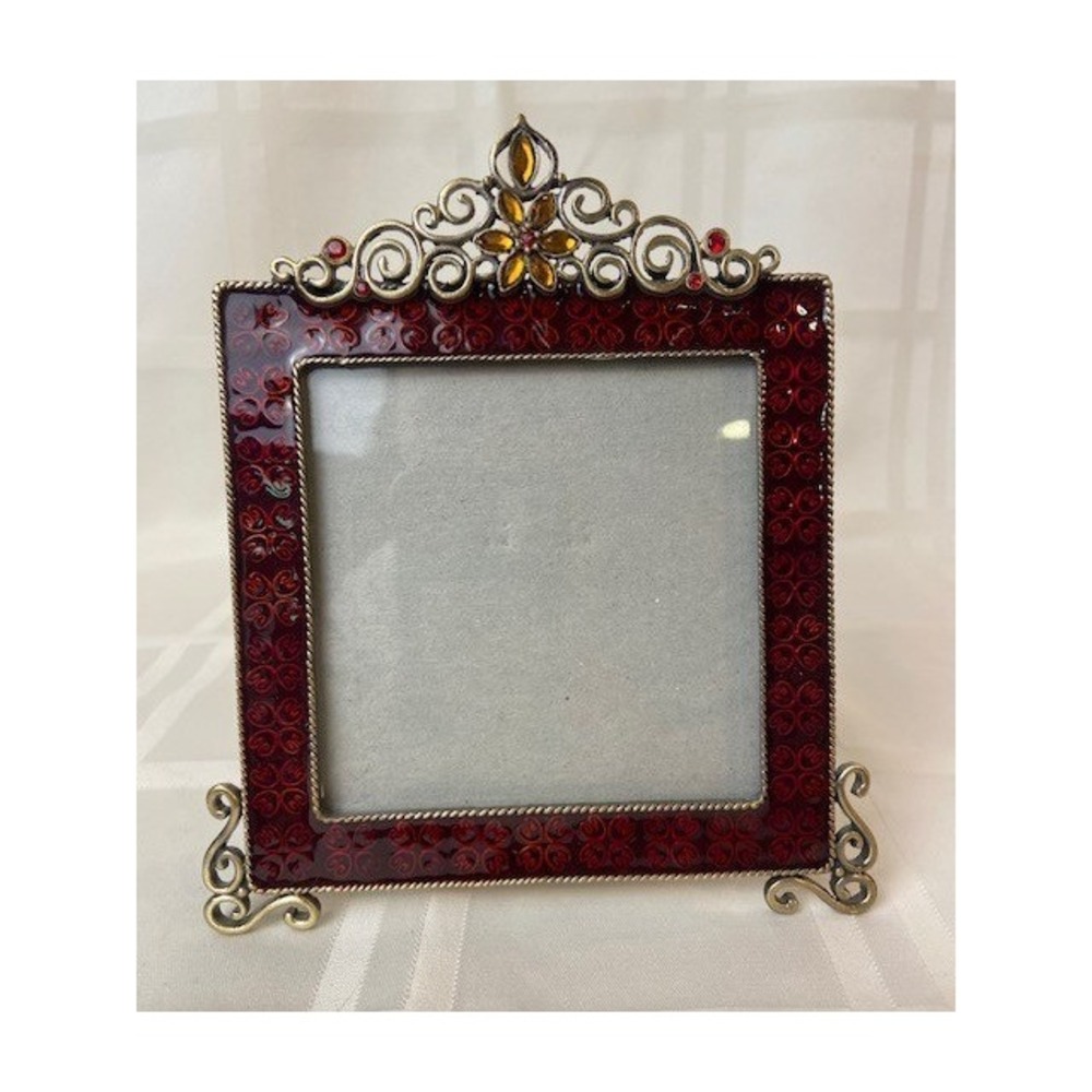Sunflower Designs Red Enamel Brass Ornate Picture Frame Amber Crystal 3.75x3.75